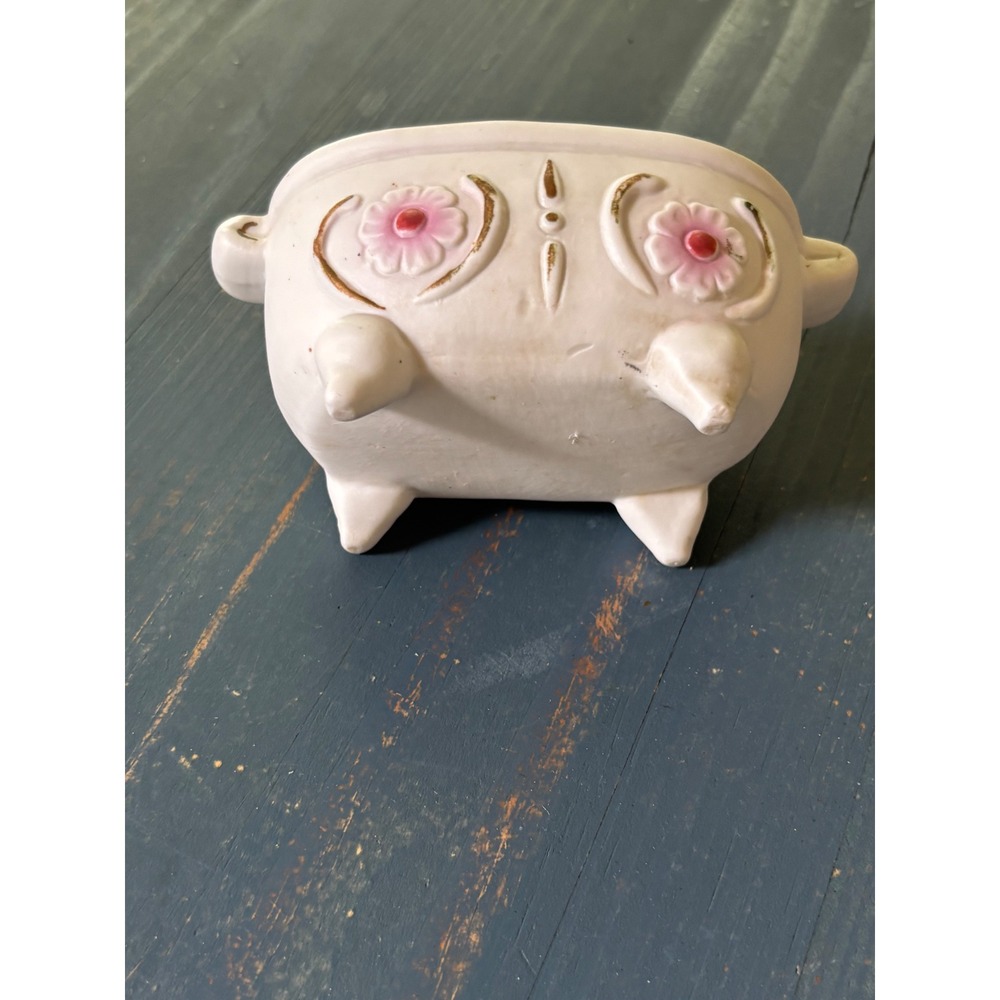 Vintage Ceramic Miniature Clawfoot Bathtub Planter Pink Floral Gold Trim 4.5in - Picture 2 of 7